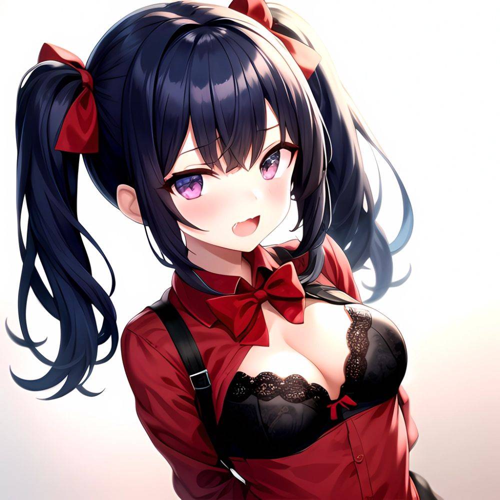 1girl Black Eyes Blue Hair Blush Bow Bowtie Bra Breasts Center Opening Cleavage Collared Shirt Fang Black Bra Hair Intakes, 1813331673 - AIHentai - #main