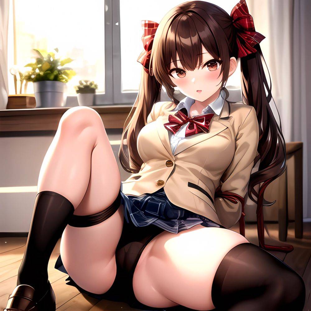 Shirai Kuroko 1girl Arms Behind Back Bdsm Black Skirt Blazer Blush Bondage Bound Bound Arms Bound Legs Bow Bowtie Brown, 3212930156 - AIHentai - #main