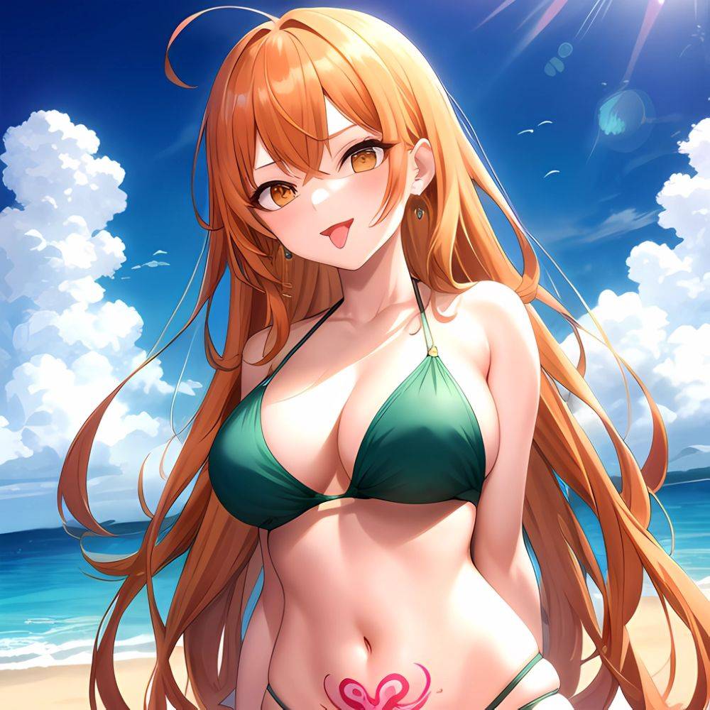 Nami One Piece 1girl Bare Arms Bare Shoulders Bikini Breasts Earrings Green Bikini Groin Jewelry Large Breasts Long Hair Looking, 3441482224 - AIHentai - #main