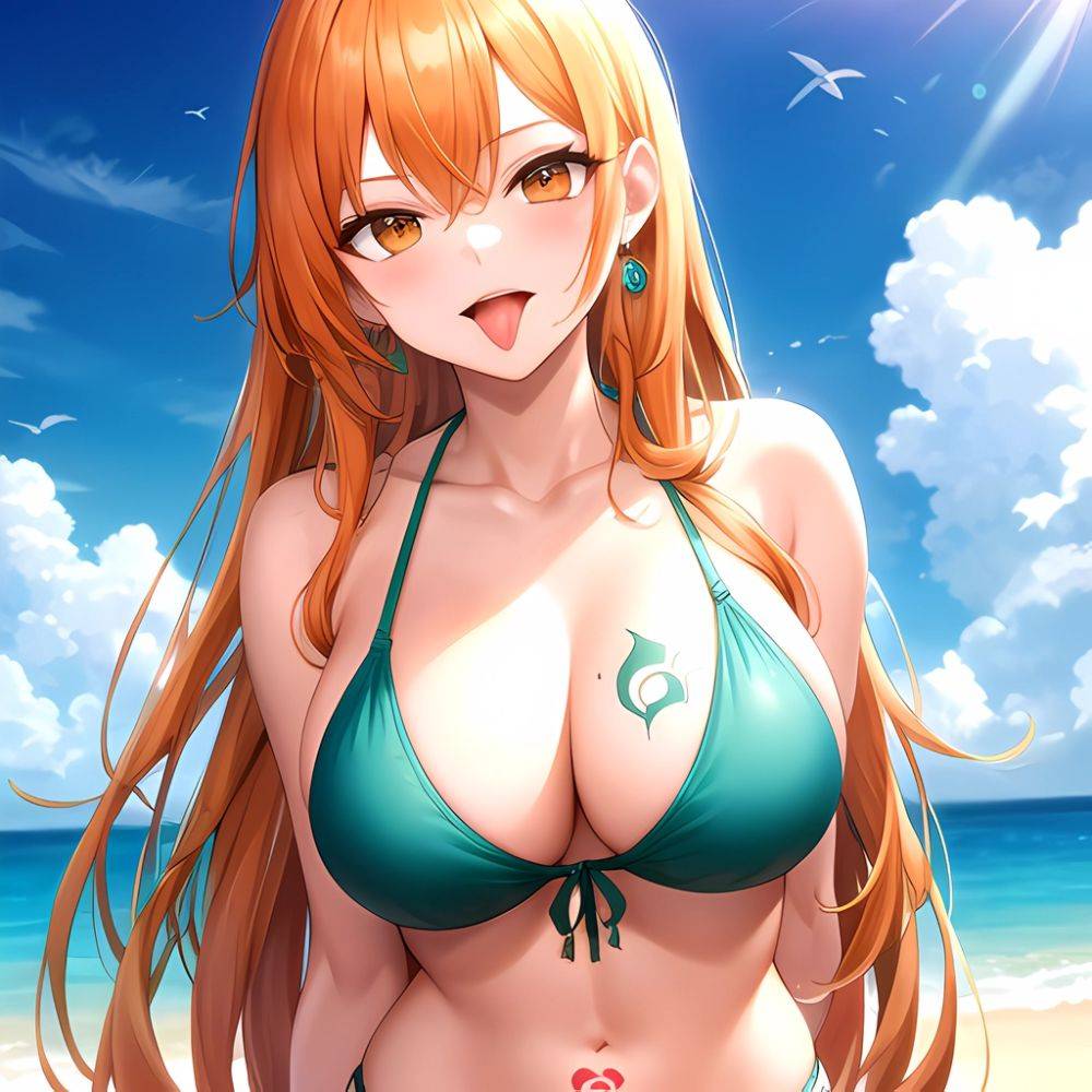 Nami One Piece 1girl Bare Arms Bare Shoulders Bikini Breasts Earrings Green Bikini Groin Jewelry Large Breasts Long Hair Looking, 4227692087 - AIHentai - #main
