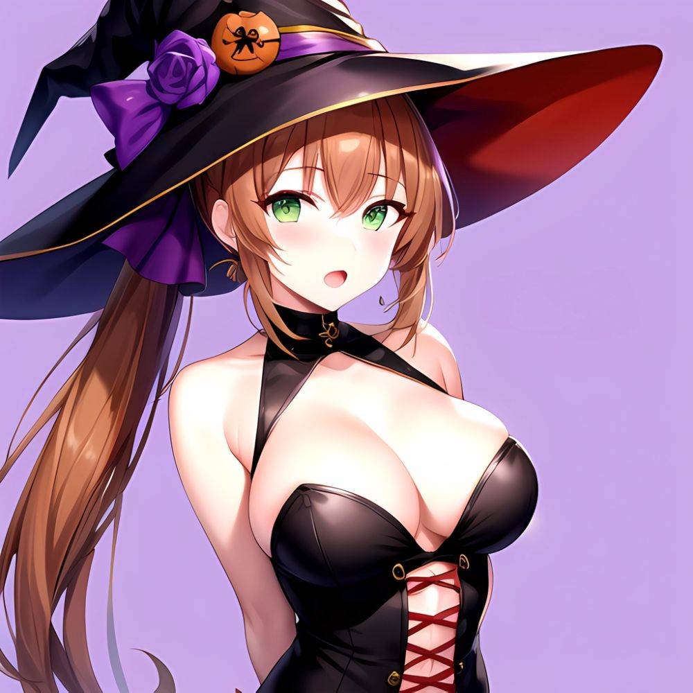 Chinatsu Suzutsuki Kurara 1girl Breasts Brown Hair Green Eyes Halloween Halloween Costume Hat Large Breasts Long Hair Open Mouth, 747883115 - AIHentai - #main