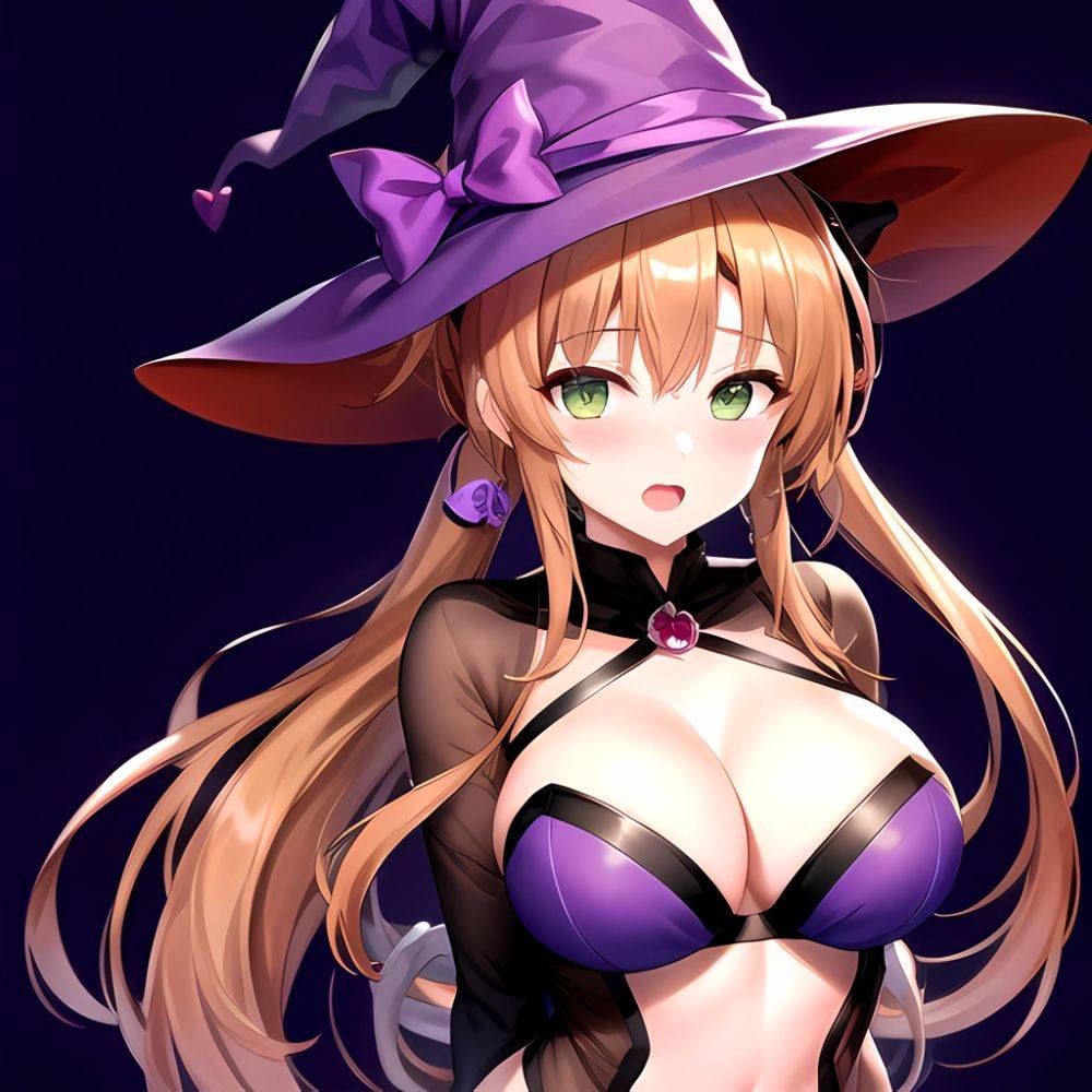 Chinatsu Suzutsuki Kurara 1girl Breasts Brown Hair Green Eyes Halloween Halloween Costume Hat Large Breasts Long Hair Open Mouth, 799221097 - AIHentai - #main