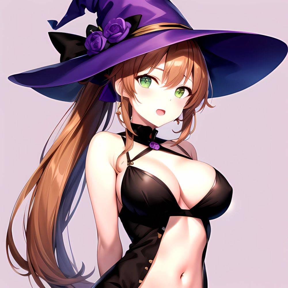 Chinatsu Suzutsuki Kurara 1girl Breasts Brown Hair Green Eyes Halloween Halloween Costume Hat Large Breasts Long Hair Open Mouth, 27431904 - AIHentai - #main
