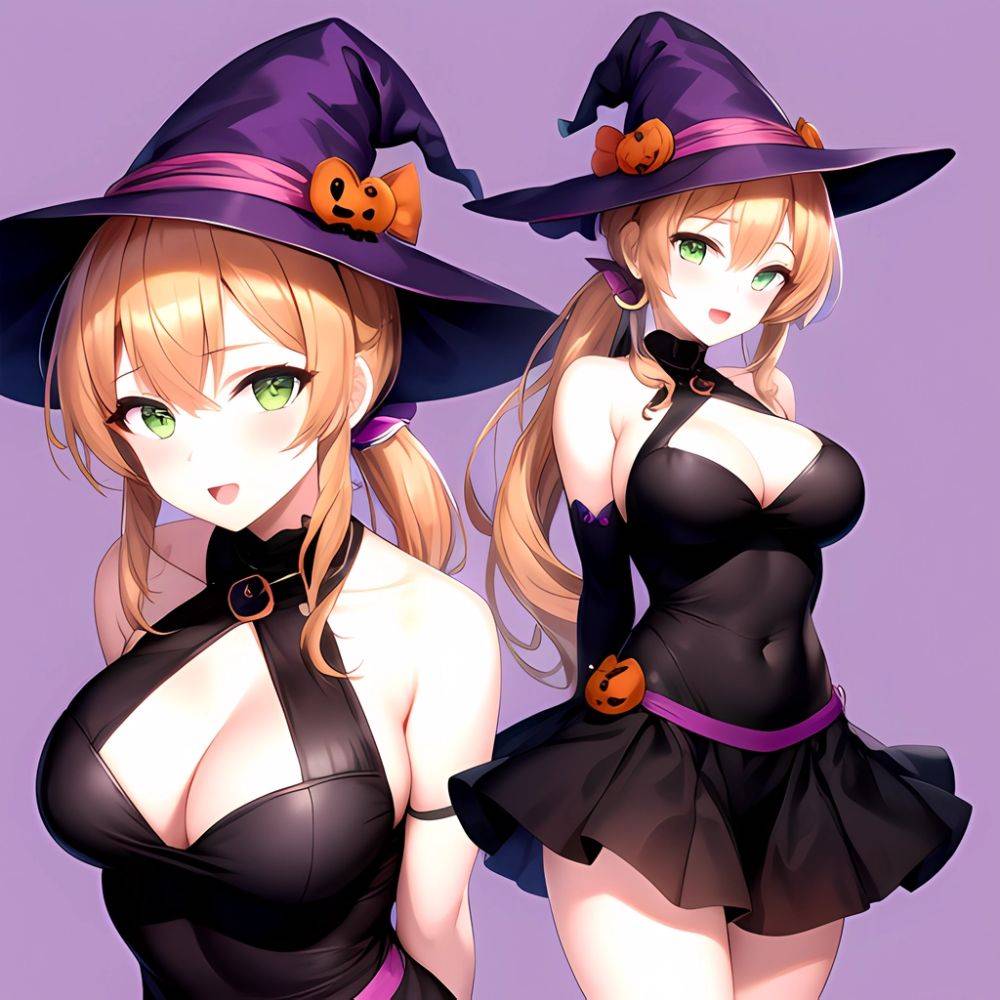 Chinatsu Suzutsuki Kurara 1girl Breasts Brown Hair Green Eyes Halloween Halloween Costume Hat Large Breasts Long Hair Open Mouth, 1802192942 - AIHentai - #main