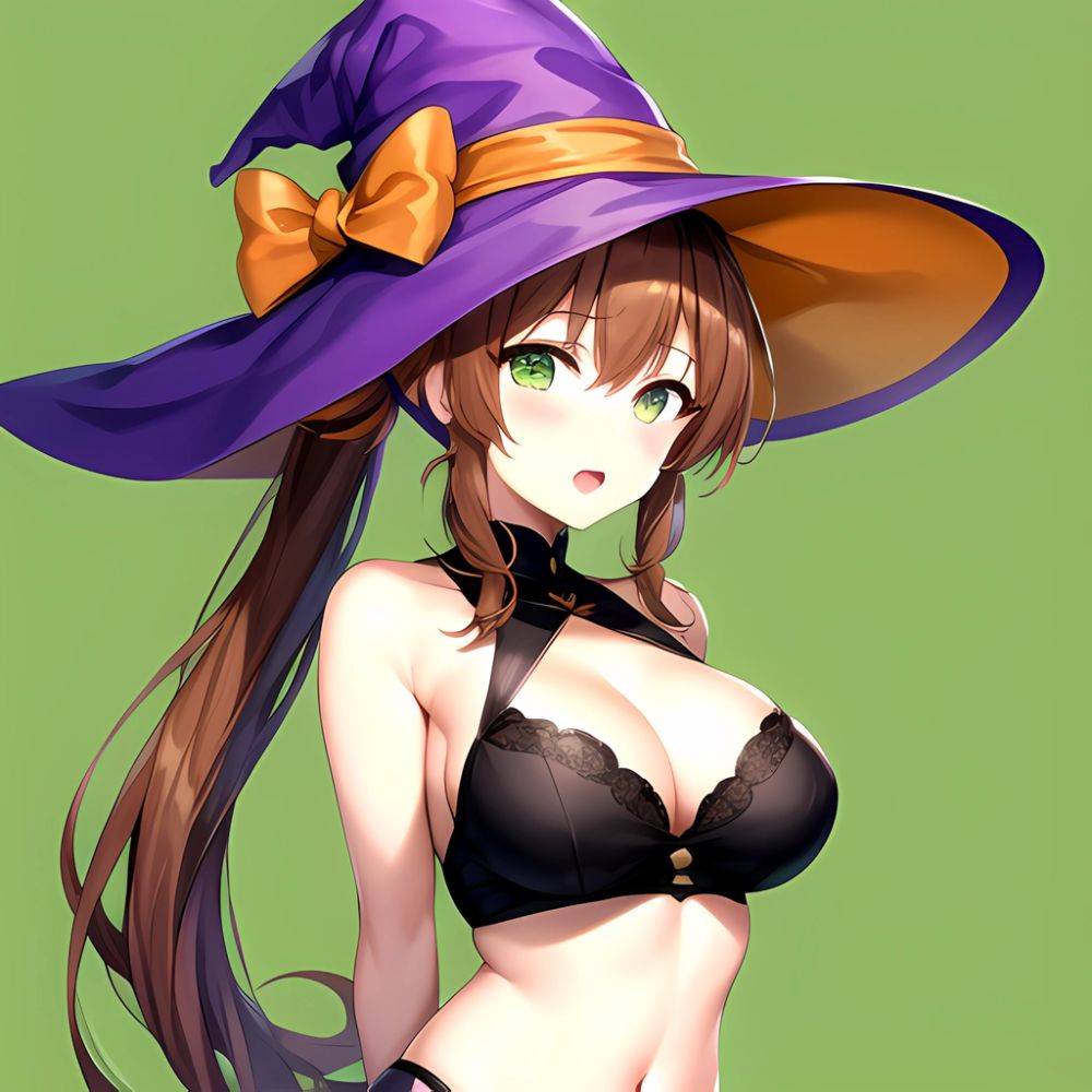 Chinatsu Suzutsuki Kurara 1girl Breasts Brown Hair Green Eyes Halloween Halloween Costume Hat Large Breasts Long Hair Open Mouth, 957485297 - AIHentai - #main