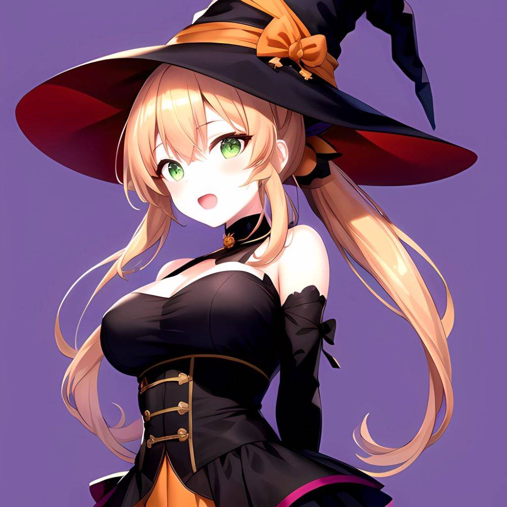 Chinatsu Suzutsuki Kurara 1girl Breasts Brown Hair Green Eyes Halloween Halloween Costume Hat Large Breasts Long Hair Open Mouth, 1251254337 - AIHentai - #main