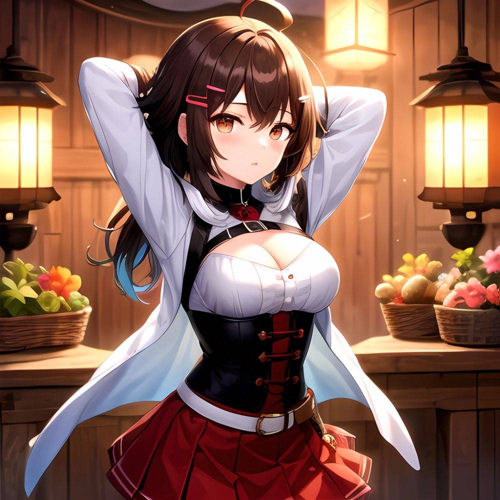 Nanashi Mumei Nanashi Mumei 1st Costume 1girl Ahoge Arms Behind Head Arms Up Belt Brown Corset Brown Eyes Brown Hair, 3747327996 - AIHentai - #main