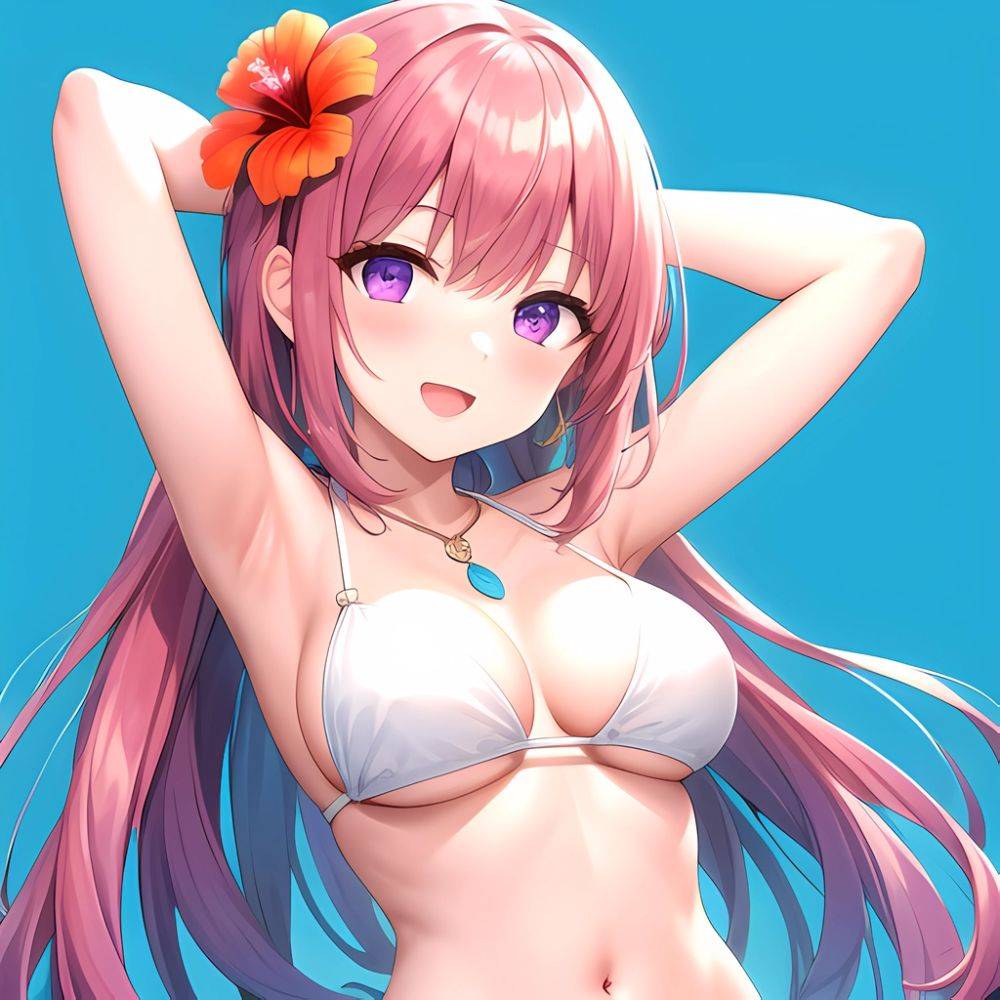Yayoi Sakura 1girl Armpits Arms Behind Head Bikini Bracelet Breasts Cleavage Flower Hair Flower Hair Ornament Hibiscus Long Hair, 1246051698 - AIHentai - #main