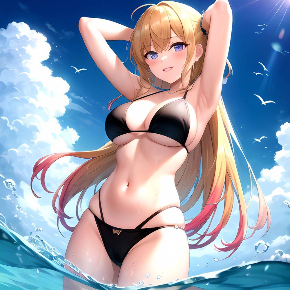 Empress Last Origin 1girl Armpits Arms Behind Head Bikini Bird Black Bikini Blonde Hair Blue Sky Breasts Cloud Gradient Hair, 2823747226 - AIHentai - #main