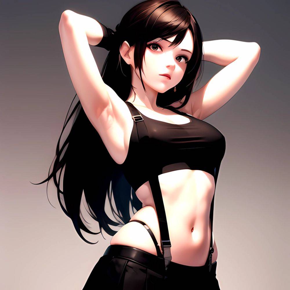 1girl Armpits Arms Behind Head Arms Up Bare Shoulders Black Gloves Black Hair Black Skirt Breasts Closed Mouth Crop Top, 2544093661 - AIHentai - #main