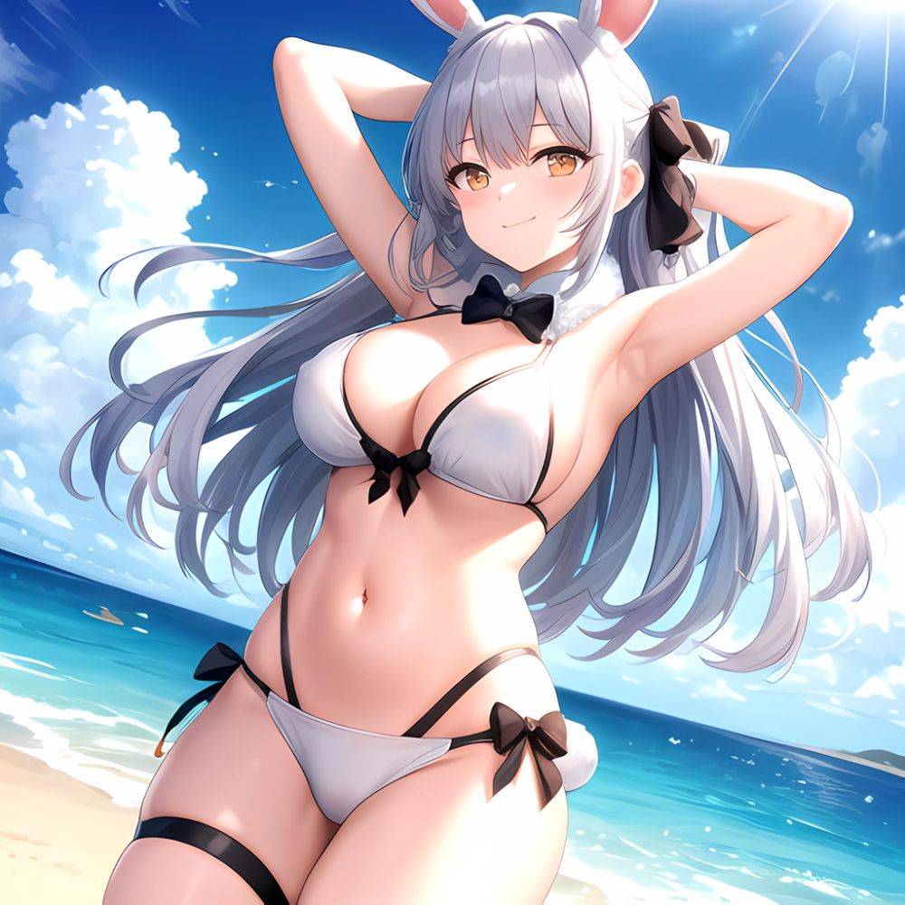 1girl Animal Ears Arms Behind Head Armpits Bare Shoulders Bikini White Bikini Blue Bow Bow Breasts Cleavage Closed Mouth Cowboy, 1073029056 - AIHentai - #main