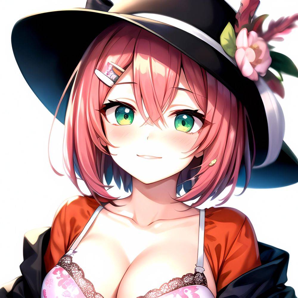 1girl Blush Bob Cut Bra Breasts Cleavage Close Up Closed Mouth Collarbone Commentary Eyelashes Eyes Visible Through Hair Floral, 1450240689 - AIHentai - #main