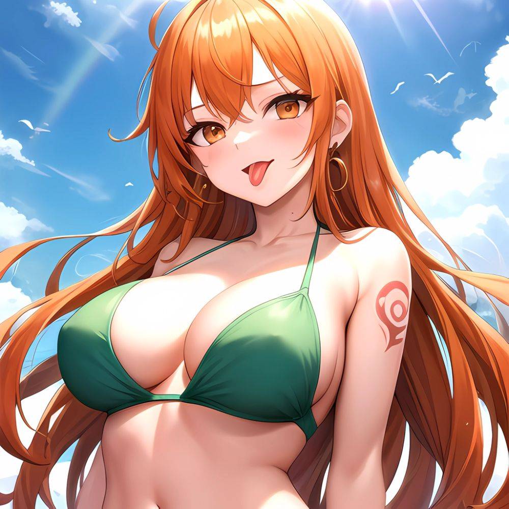Nami One Piece 1girl Bare Arms Bare Shoulders Bikini Breasts Earrings Green Bikini Groin Jewelry Large Breasts Long Hair Looking, 1557843641 - AIHentai - #main