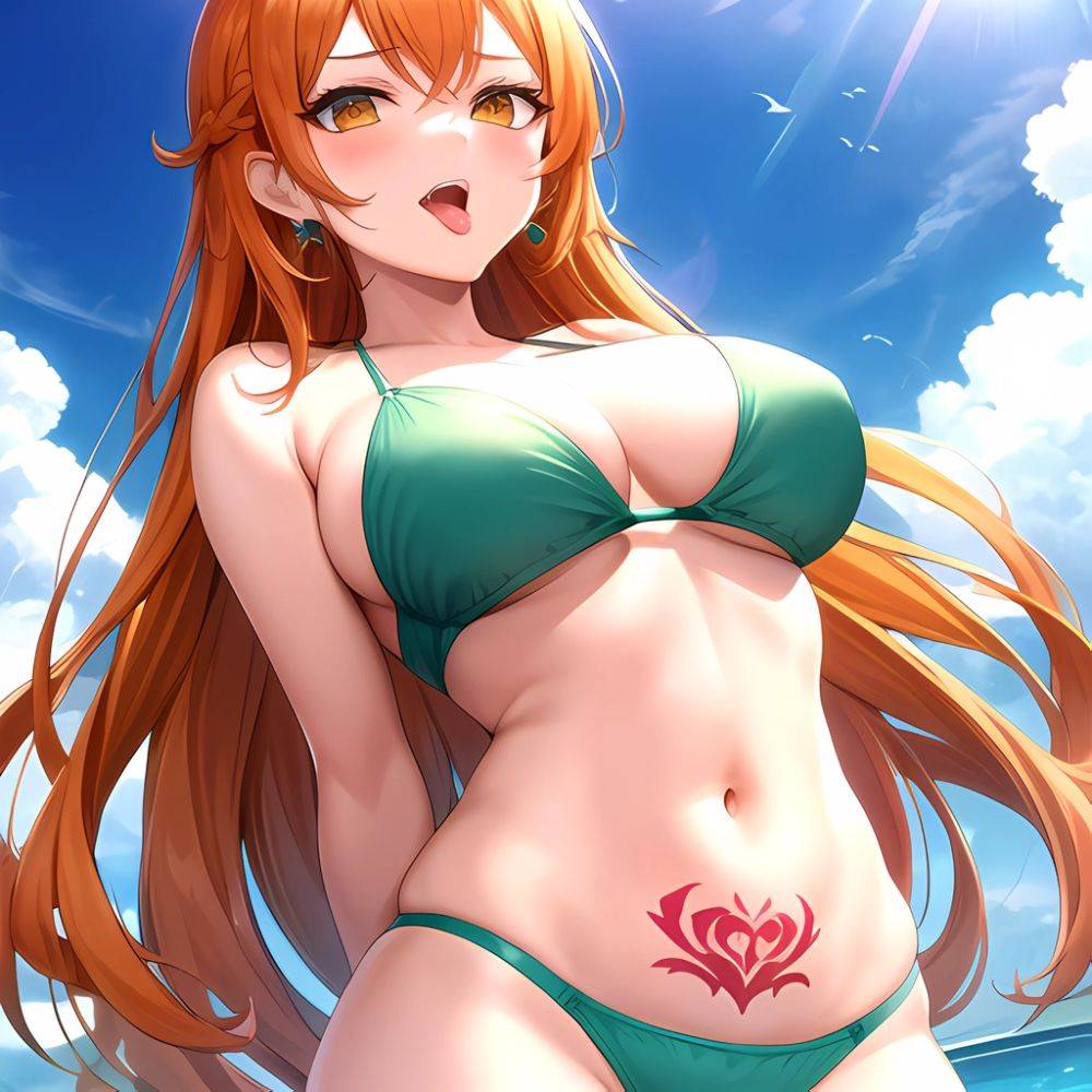 Nami One Piece 1girl Bare Arms Bare Shoulders Bikini Breasts Earrings Green Bikini Groin Jewelry Large Breasts Long Hair Looking, 1308511132 - AIHentai - #main