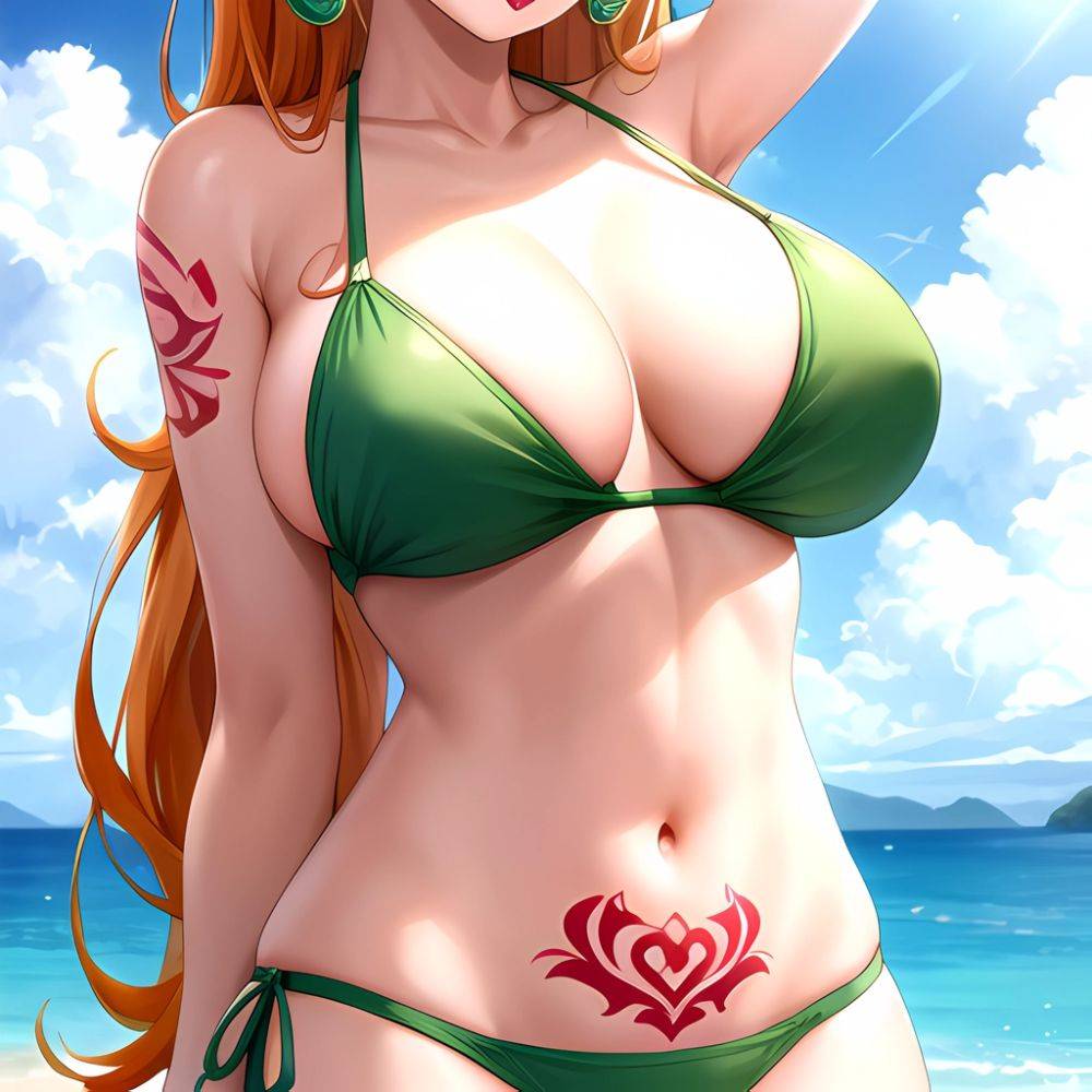 Nami One Piece 1girl Bare Arms Bare Shoulders Bikini Breasts Earrings Green Bikini Groin Jewelry Large Breasts Long Hair Looking, 469854648 - AIHentai - #main