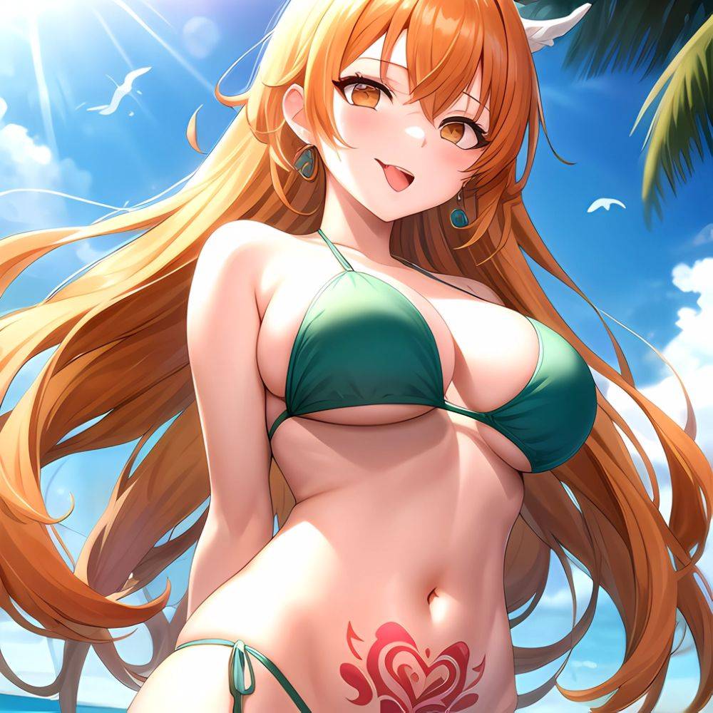Nami One Piece 1girl Bare Arms Bare Shoulders Bikini Breasts Earrings Green Bikini Groin Jewelry Large Breasts Long Hair Looking, 212695322 - AIHentai - #main