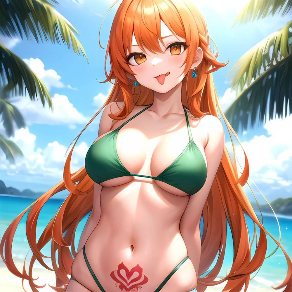 Nami One Piece 1girl Bare Arms Bare Shoulders Bikini Breasts Earrings Green Bikini Groin Jewelry Large Breasts Long Hair Looking, 2057383171 - AIHentai - #main