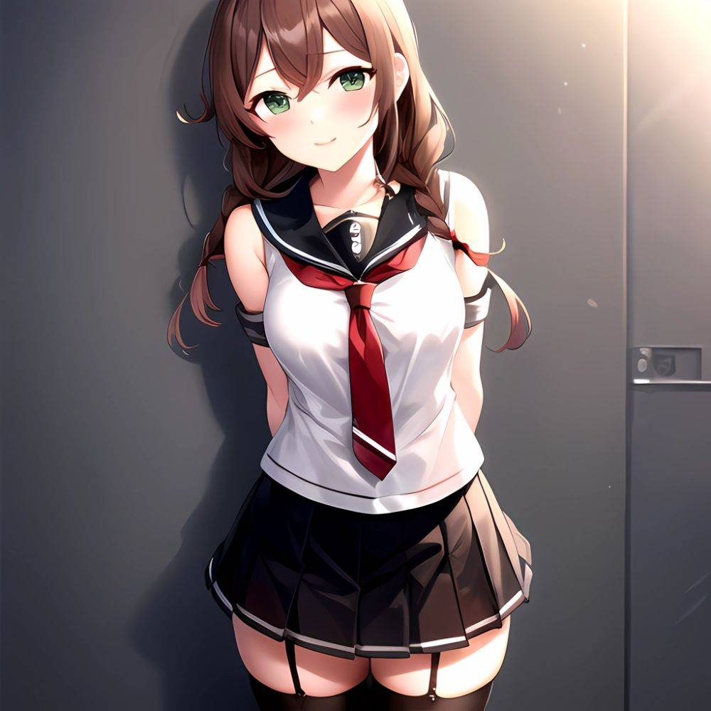 Noshiro Kancolle 1girl Anchor Symbol Asymmetrical Legwear Black Necktie Black Thighhighs Braid Brown Hair Garter Straps Green Ey, 2644669243 - AIHentai - #main