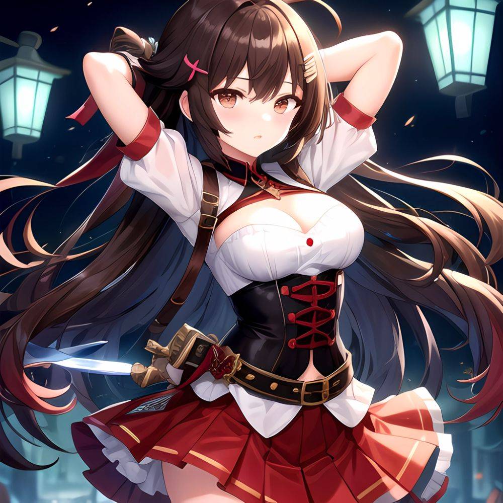 Nanashi Mumei Nanashi Mumei 1st Costume 1girl Ahoge Arms Behind Head Arms Up Belt Brown Corset Brown Eyes Brown Hair, 1737214563 - AIHentai - #main