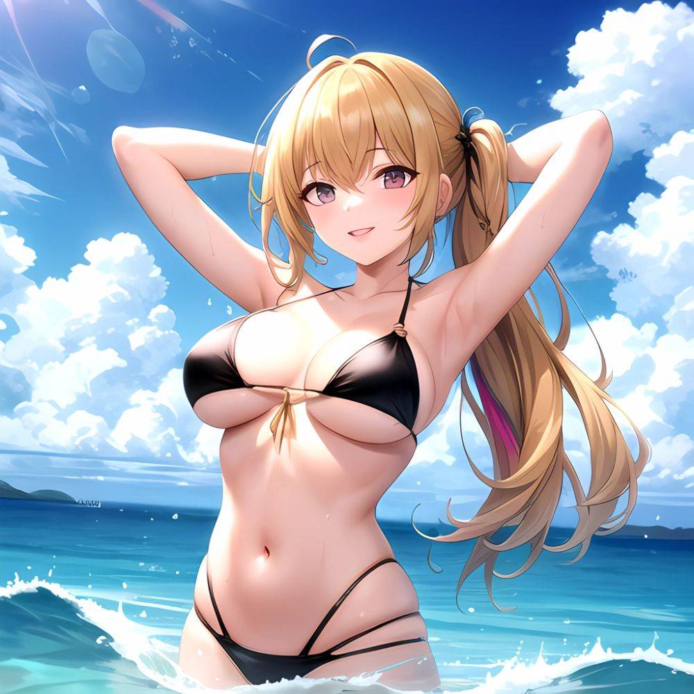Empress Last Origin 1girl Armpits Arms Behind Head Bikini Bird Black Bikini Blonde Hair Blue Sky Breasts Cloud Gradient Hair, 3243236246 - AIHentai - #main