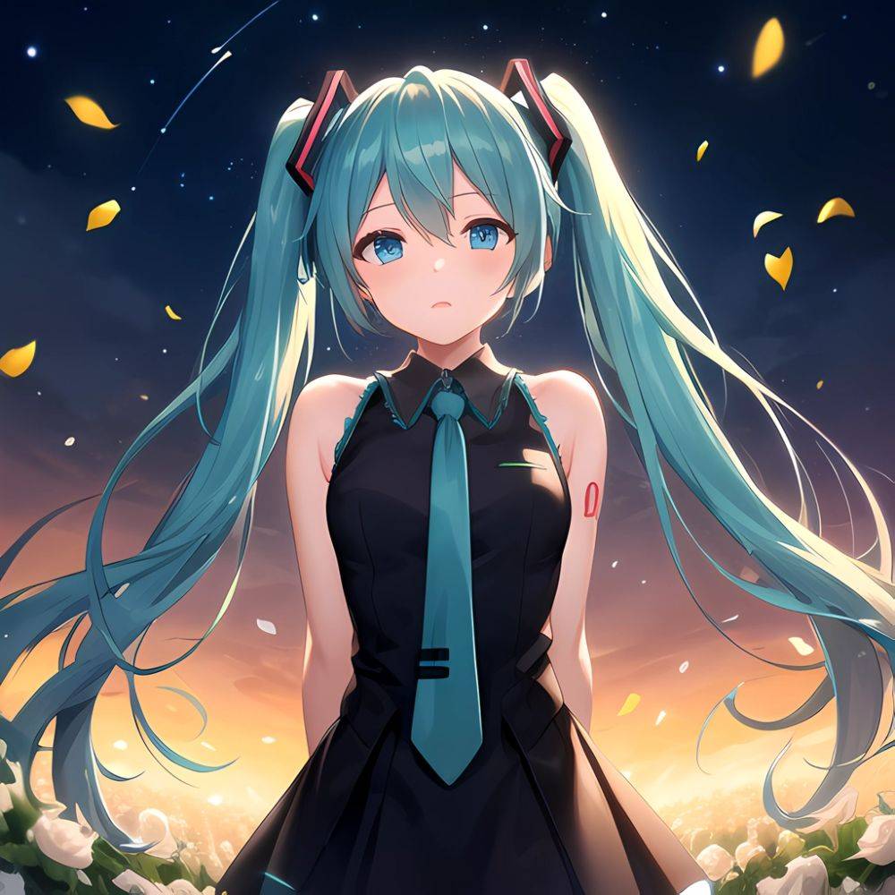 Face Focus Masterpiece Best Quality 1girl Hatsune Miku White Roses Petals Night Background Fireflies Light Particle Solo Aqua Ha, 4181327049 - AIHentai - #main