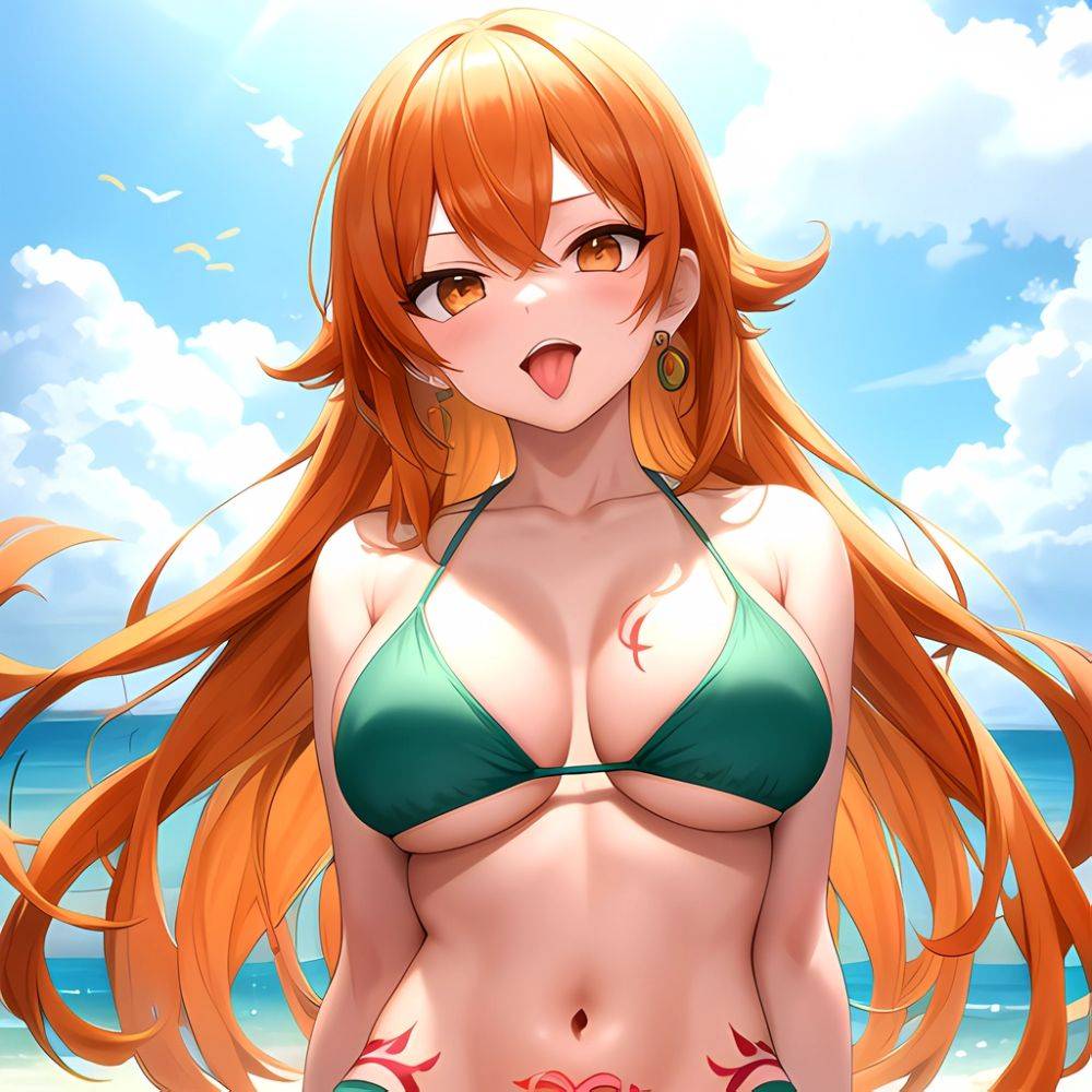 Nami One Piece 1girl Bare Arms Bare Shoulders Bikini Breasts Earrings Green Bikini Groin Jewelry Large Breasts Long Hair Looking, 2677408182 - AIHentai - #main