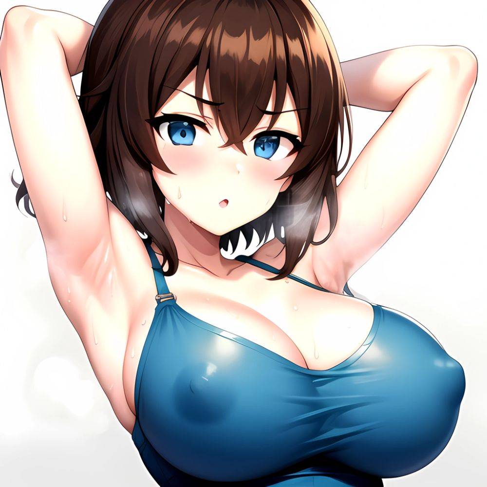 1girl Armpits Arms Behind Head Azumi Girls Und Panzer Blue Eyes Blush Breasts Brown Hair Cleavage Girls Und Panzer Iwanishi, 1256822712 - AIHentai - #main