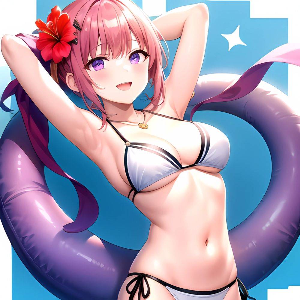Yayoi Sakura 1girl Armpits Arms Behind Head Bikini Bracelet Breasts Cleavage Flower Hair Flower Hair Ornament Hibiscus Long Hair, 722949822 - AIHentai - #main