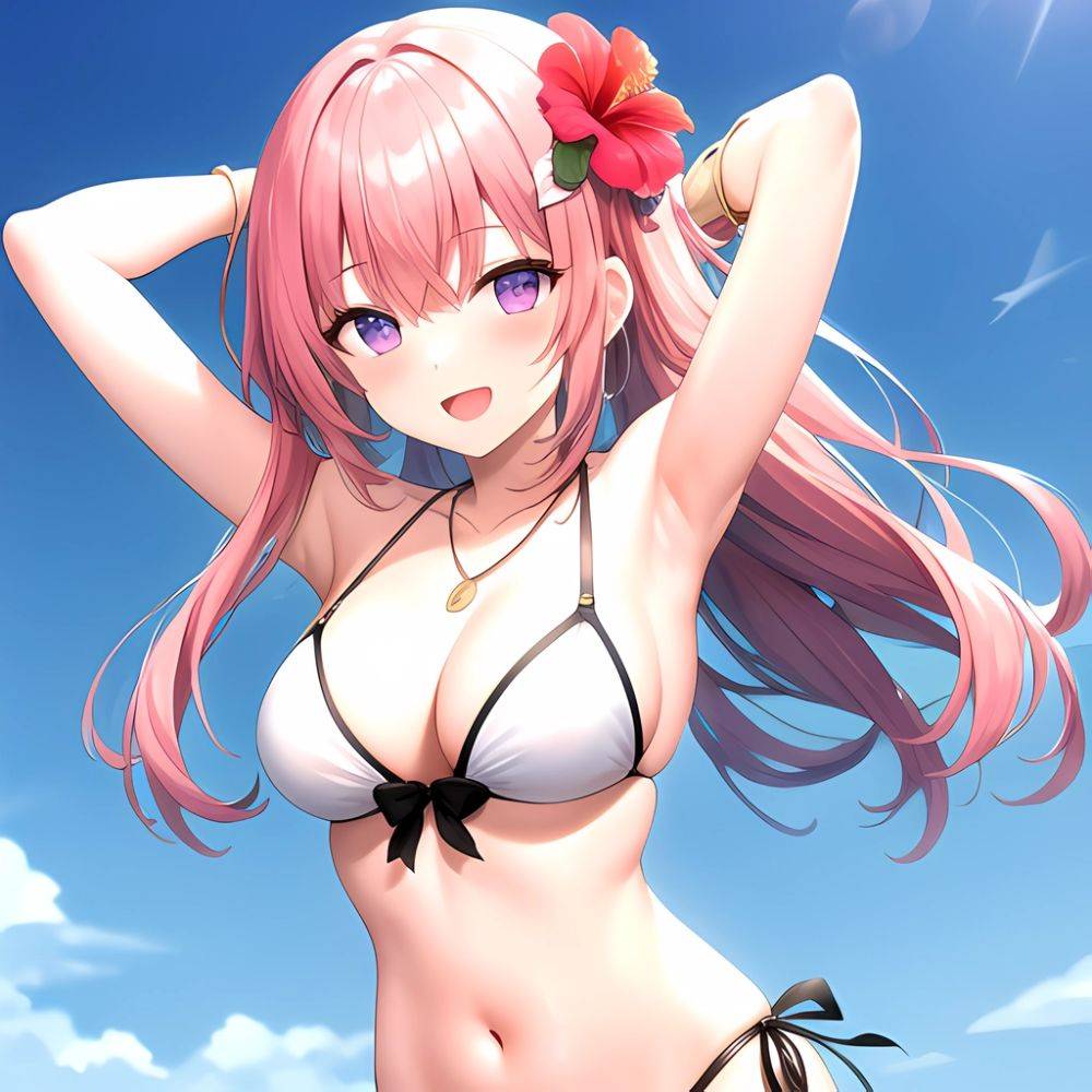 Yayoi Sakura 1girl Armpits Arms Behind Head Bikini Bracelet Breasts Cleavage Flower Hair Flower Hair Ornament Hibiscus Long Hair, 2371261201 - AIHentai - #main