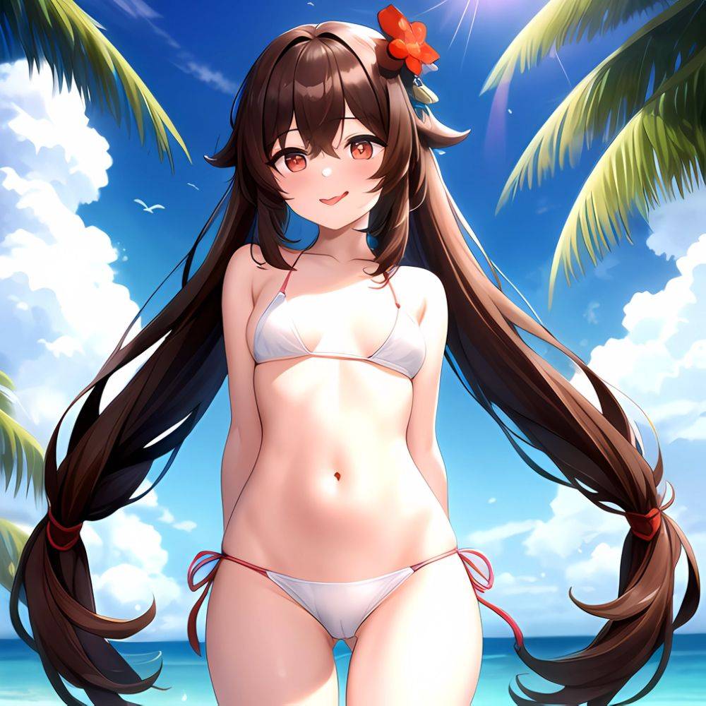 1girl Q Absurdres Arms Behind Back Bikini Blush Breasts Brown Hair Cameltoe Cleft Of Venus Covered Nipples Cowboy Shot Flower, 1936102989 - AIHentai - #main