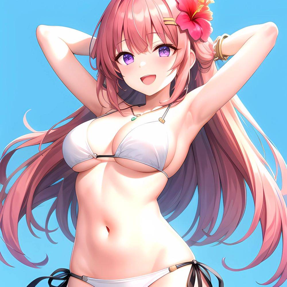 Yayoi Sakura 1girl Armpits Arms Behind Head Bikini Bracelet Breasts Cleavage Flower Hair Flower Hair Ornament Hibiscus Long Hair, 4096778774 - AIHentai - #main