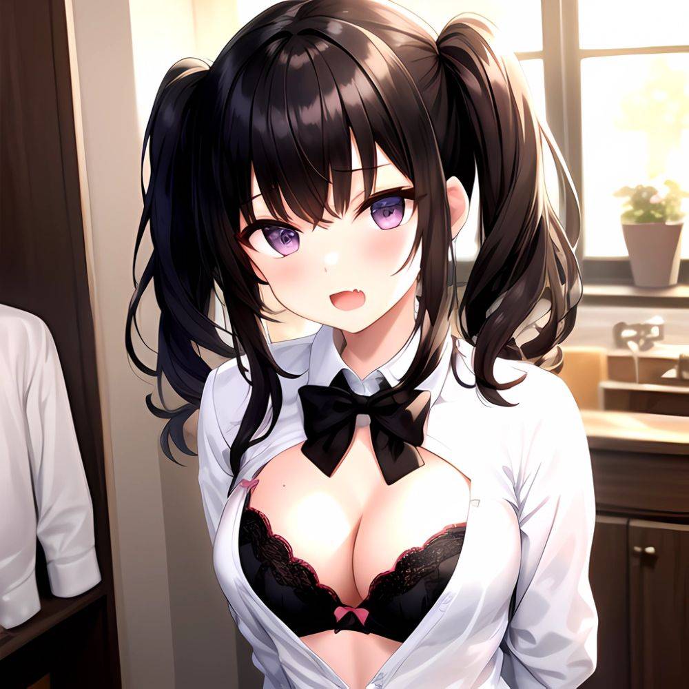 1girl Black Eyes Black Hair Blush Bow Bowtie Bra Breasts Center Opening Cleavage Collared Shirt Fang Grey Bra Hair Intakes, 924665392 - AIHentai - #main