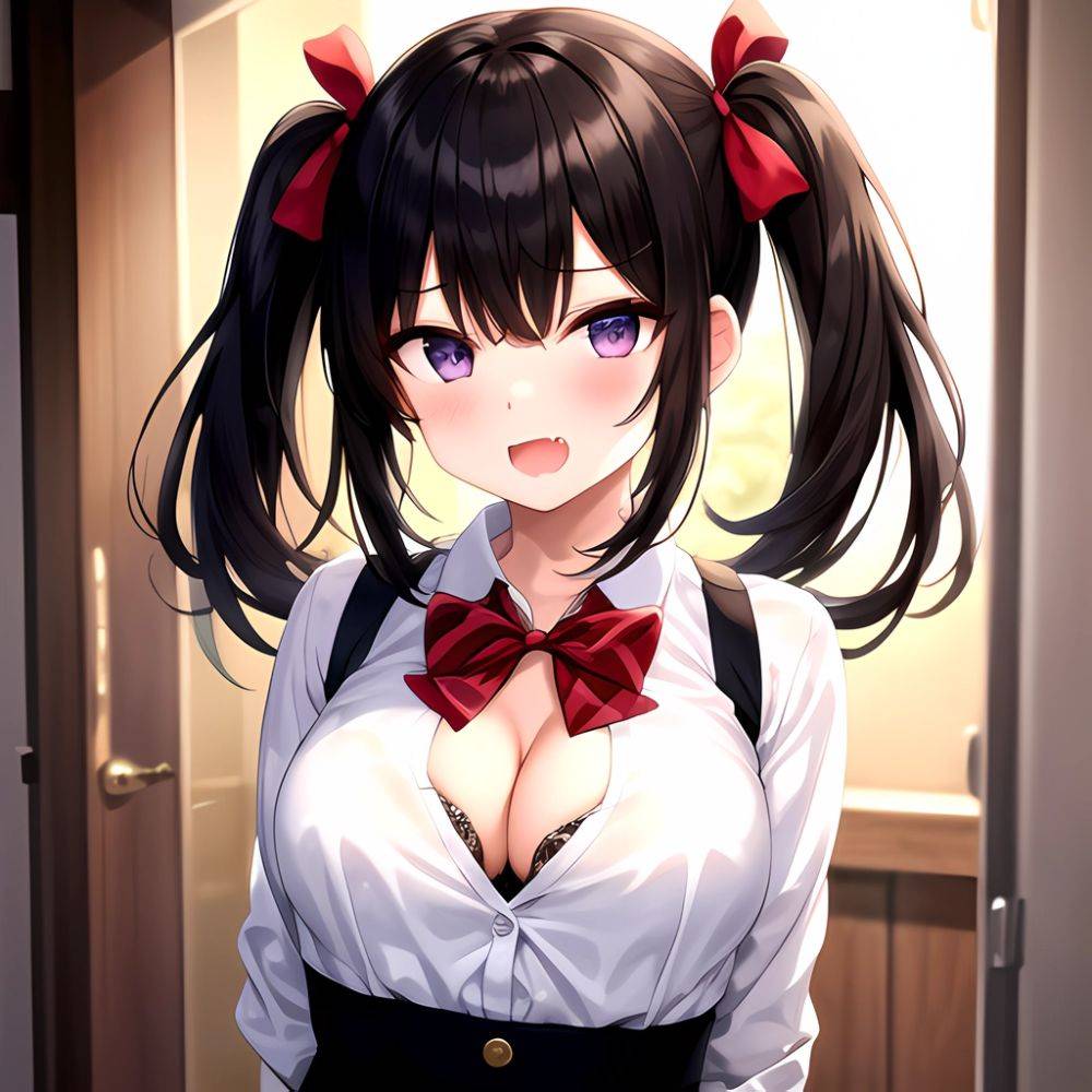 1girl Black Eyes Black Hair Blush Bow Bowtie Bra Breasts Center Opening Cleavage Collared Shirt Fang Grey Bra Hair Intakes, 1122690786 - AIHentai - #main