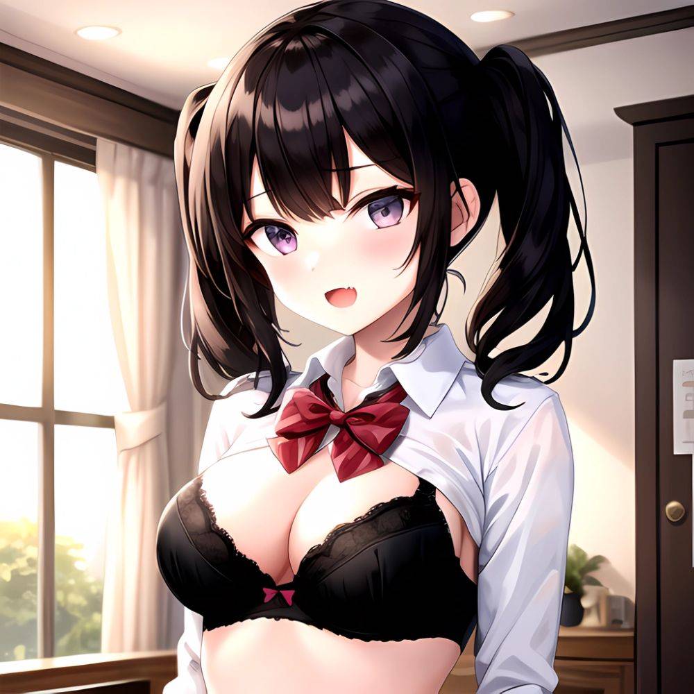 1girl Black Eyes Black Hair Blush Bow Bowtie Bra Breasts Center Opening Cleavage Collared Shirt Fang Grey Bra Hair Intakes, 1081550783 - AIHentai - #main