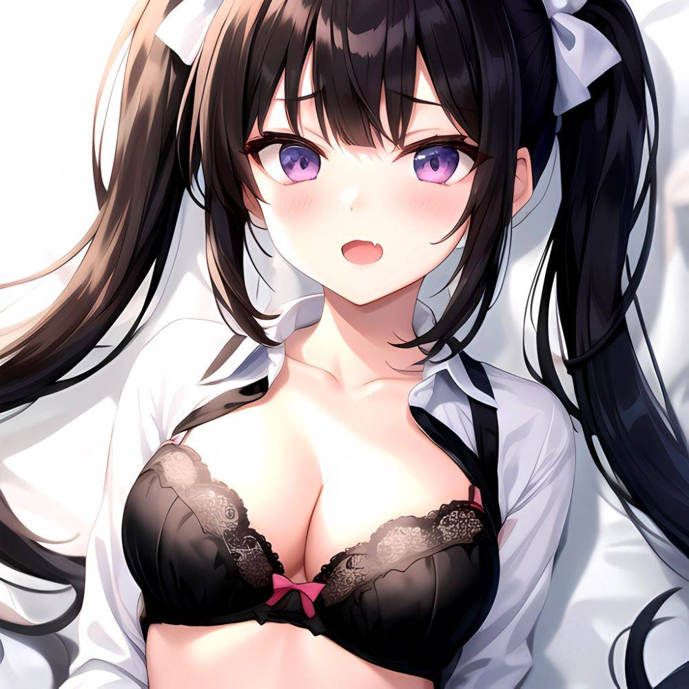 1girl Black Eyes Black Hair Blush Bow Bowtie Bra Breasts Center Opening Cleavage Collared Shirt Fang Grey Bra Hair Intakes, 2327090311 - AIHentai - #main