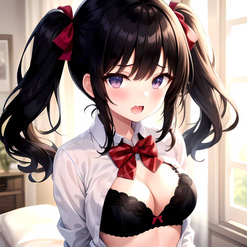 1girl Black Eyes Black Hair Blush Bow Bowtie Bra Breasts Center Opening Cleavage Collared Shirt Fang Grey Bra Hair Intakes, 1022243469 - AIHentai - #main