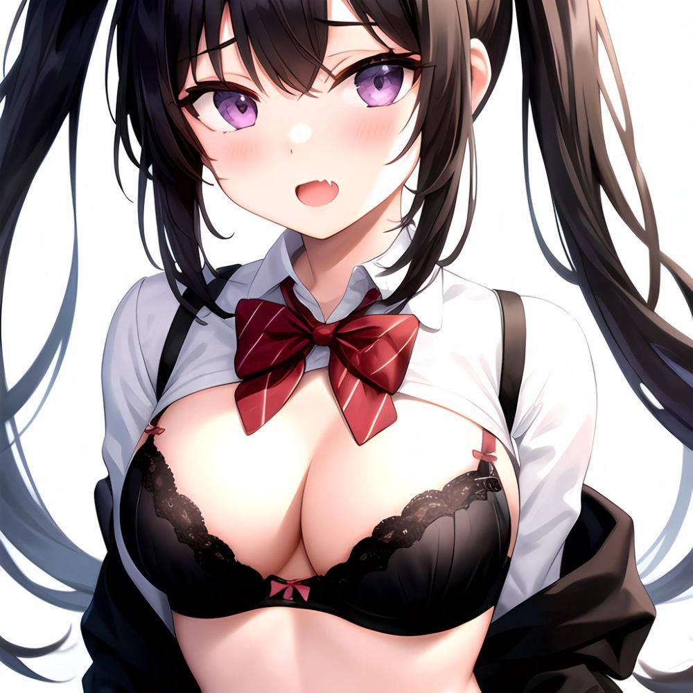 1girl Black Eyes Black Hair Blush Bow Bowtie Bra Breasts Center Opening Cleavage Collared Shirt Fang Grey Bra Hair Intakes, 496792405 - AIHentai - #main