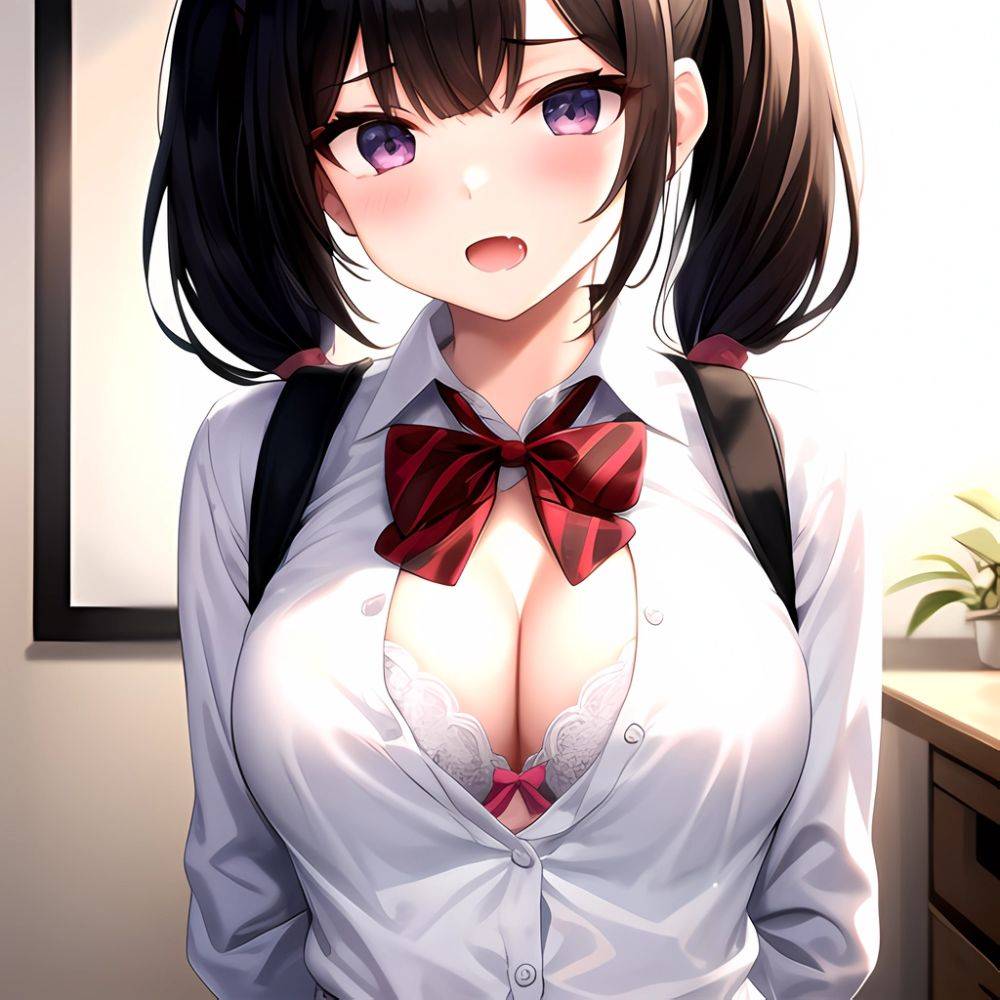1girl Black Eyes Black Hair Blush Bow Bowtie Bra Breasts Center Opening Cleavage Collared Shirt Fang Grey Bra Hair Intakes, 132618168 - AIHentai - #main