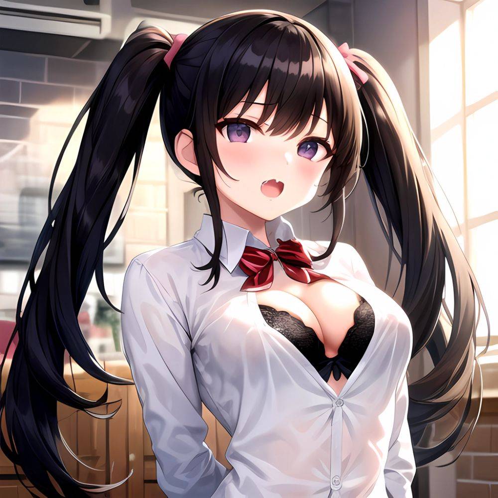 1girl Black Eyes Black Hair Blush Bow Bowtie Bra Breasts Center Opening Cleavage Collared Shirt Fang Grey Bra Hair Intakes, 980832774 - AIHentai - #main