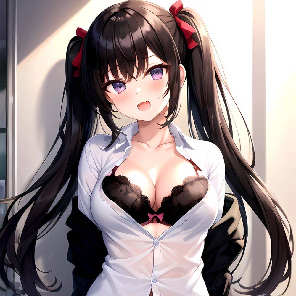 1girl Black Eyes Black Hair Blush Bow Bowtie Bra Breasts Center Opening Cleavage Collared Shirt Fang Grey Bra Hair Intakes, 187850451 - AIHentai - #main