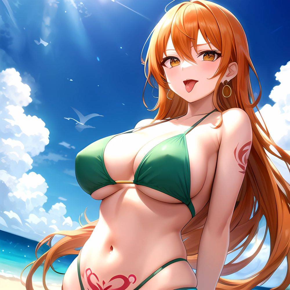 Nami One Piece 1girl Bare Arms Bare Shoulders Bikini Breasts Earrings Green Bikini Groin Jewelry Large Breasts Long Hair Looking, 4197272192 - AIHentai - #main