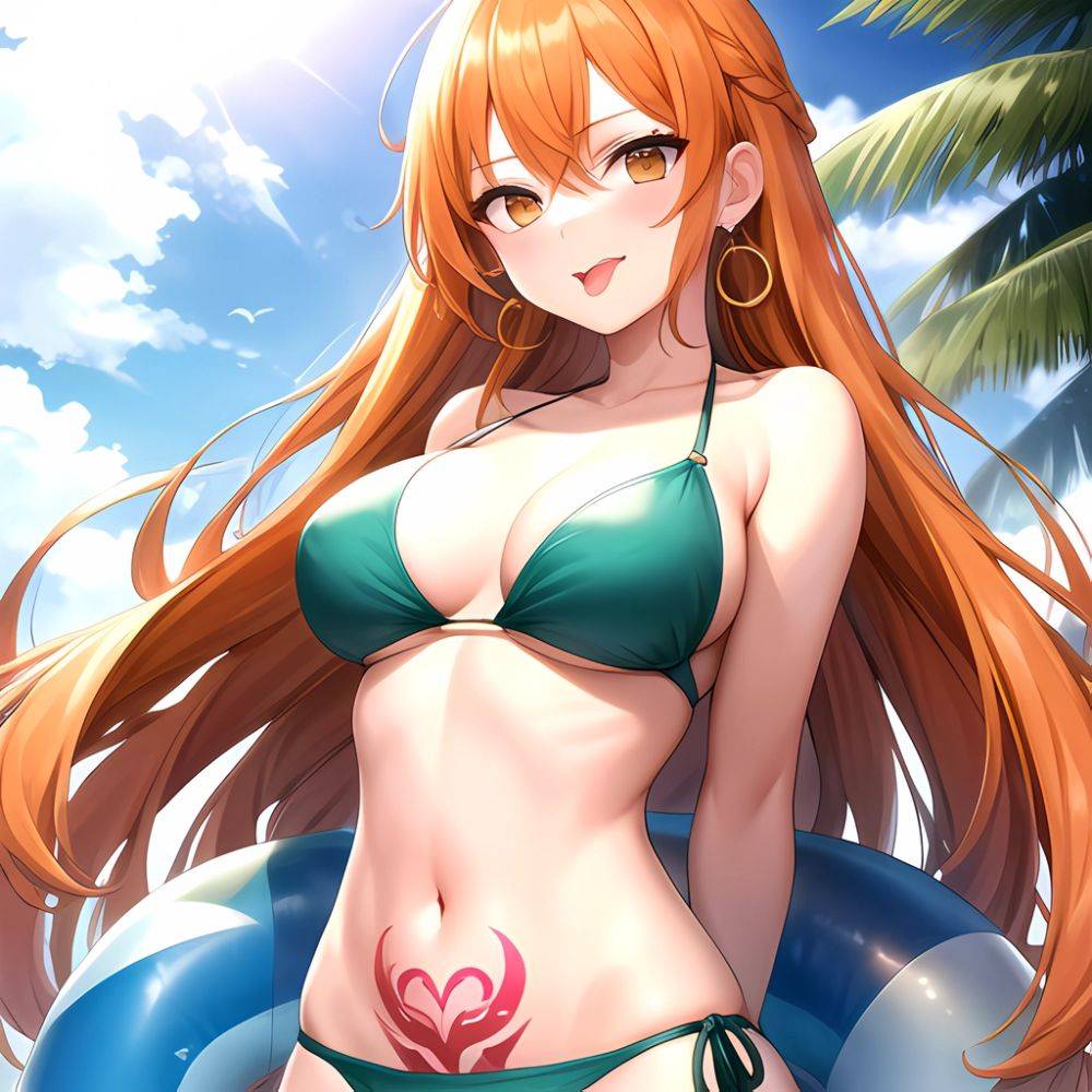 Nami One Piece 1girl Bare Arms Bare Shoulders Bikini Breasts Earrings Green Bikini Groin Jewelry Large Breasts Long Hair Looking, 2552512819 - AIHentai - #main