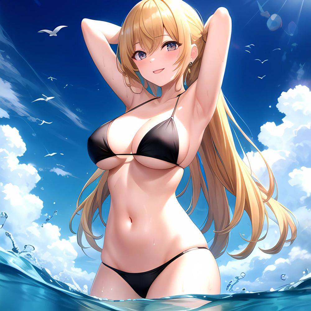 Empress Last Origin 1girl Armpits Arms Behind Head Bikini Bird Black Bikini Blonde Hair Blue Sky Breasts Cloud Gradient Hair, 3123710240 - AIHentai - #main