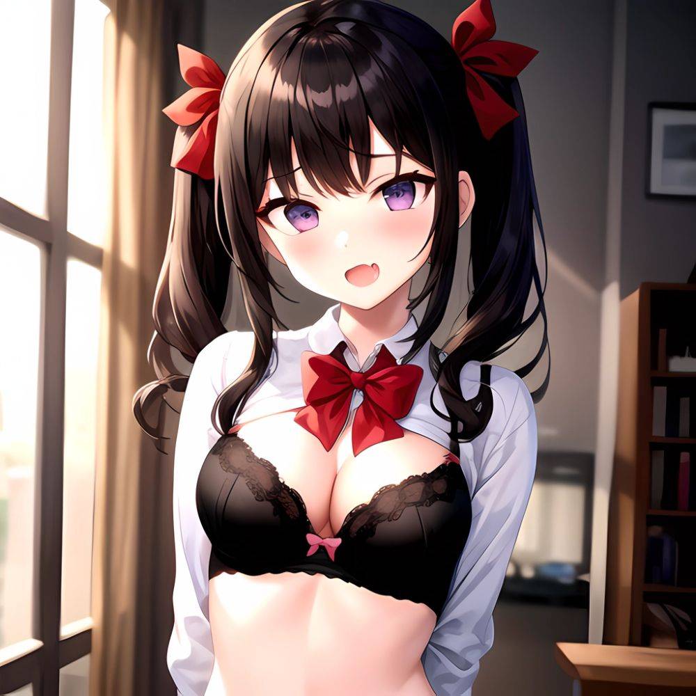 1girl Black Eyes Black Hair Blush Bow Bowtie Bra Breasts Center Opening Cleavage Collared Shirt Fang Grey Bra Hair Intakes, 1224184716 - AIHentai - #main