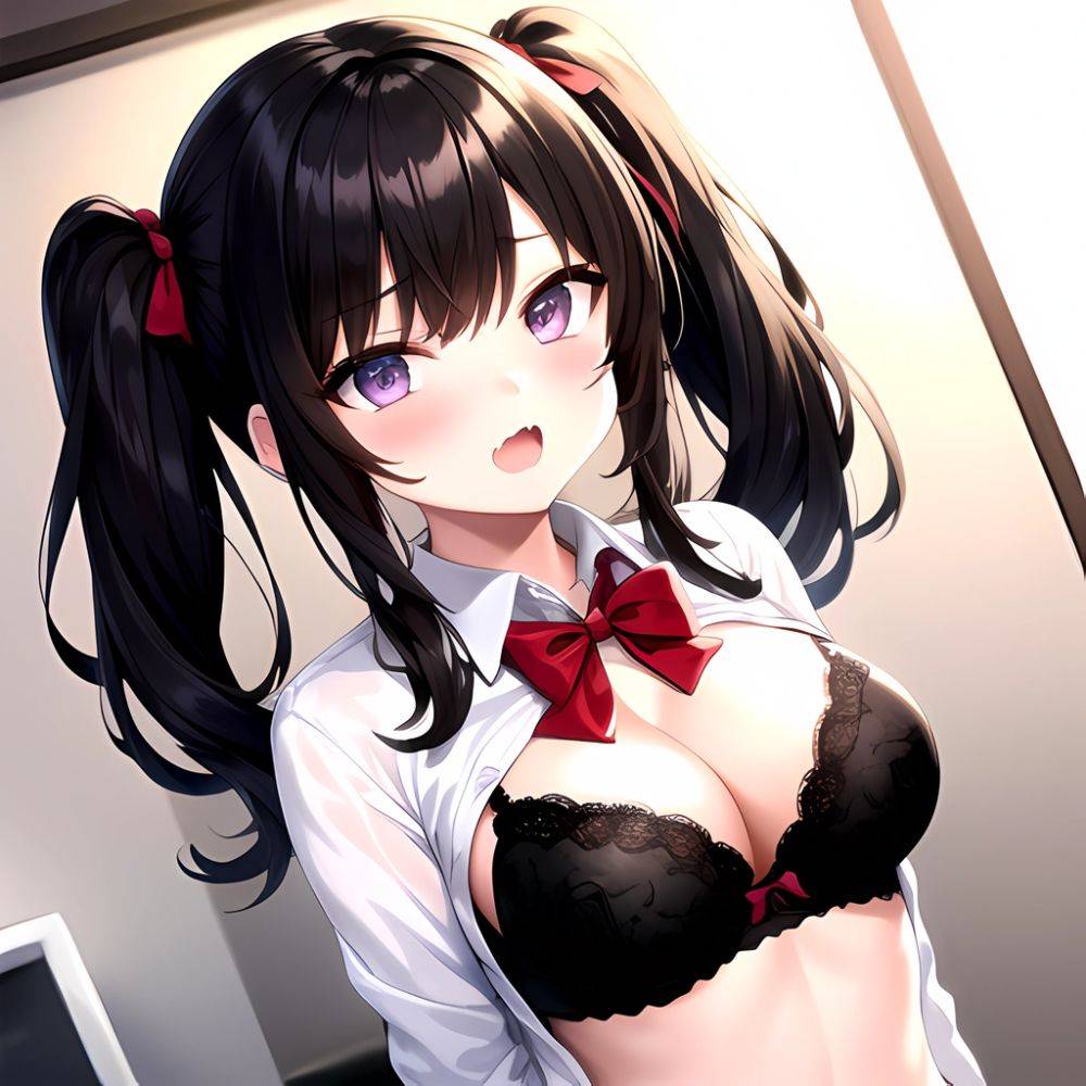 1girl Black Eyes Black Hair Blush Bow Bowtie Bra Breasts Center Opening Cleavage Collared Shirt Fang Grey Bra Hair Intakes, 2973177291 - AIHentai - #main