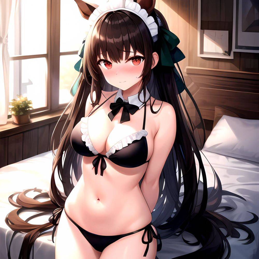 1girl Alternate Costume Animal Ears Bed Bikini Black Bikini Black Ribbon Blush Bow Breasts Cleavage Closed Mouth Cowboy Shot Det, 350056076 - AIHentai - #main