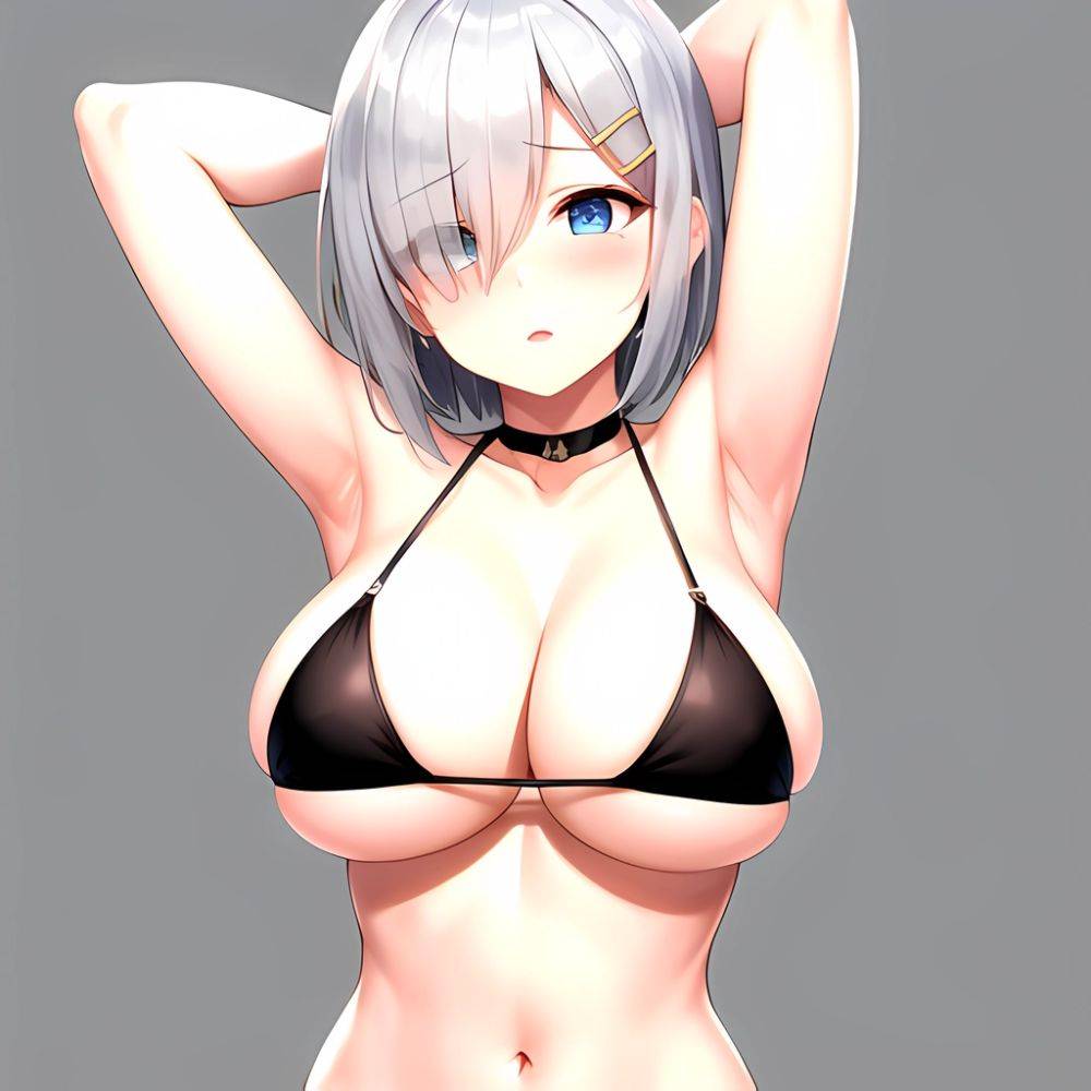 1girl Absurdres Armpits Arms Behind Head Bikini Black Bikini Black Choker Blue Eyes Blush Breasts Choker Cleavage Commentary Req, 4054401276 - AIHentai - #main