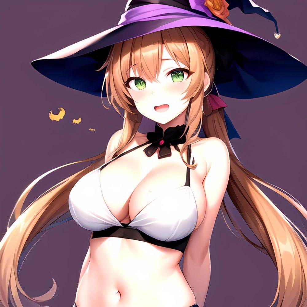 Chinatsu Suzutsuki Kurara 1girl Breasts Brown Hair Green Eyes Halloween Halloween Costume Hat Large Breasts Long Hair Open Mouth, 2167498456 - AIHentai - #main