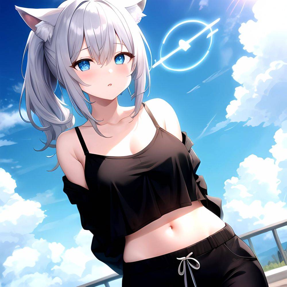 Shiroko Blue Archive 1girl Alternate Costume Animal Ear Fluff Animal Ears Arms Behind Back Black Pants Blue Eyes Blue Sky, 1560844847 - AIHentai - #main