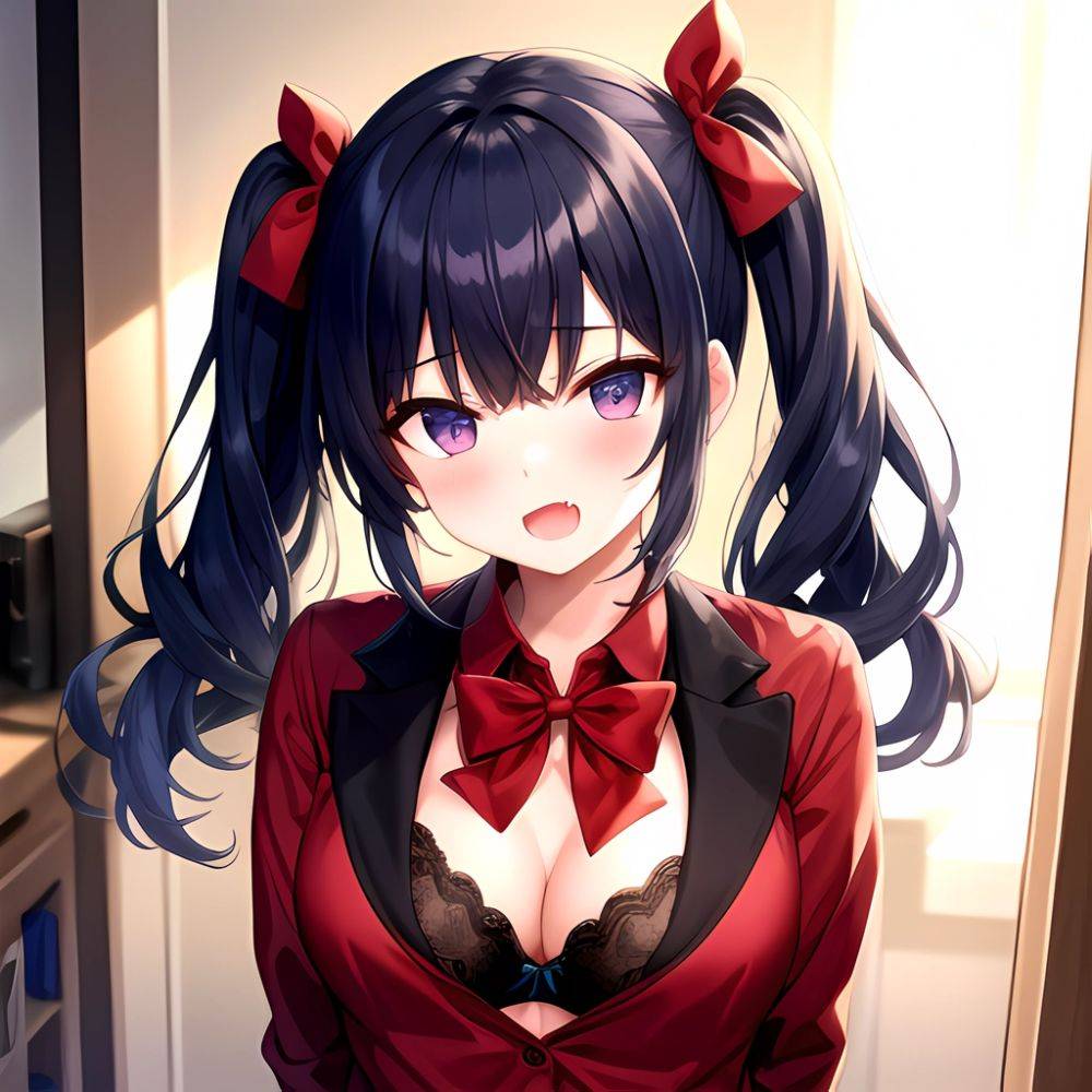 1girl Black Eyes Blue Hair Blush Bow Bowtie Bra Breasts Center Opening Cleavage Collared Shirt Fang Black Bra Hair Intakes, 4191888366 - AIHentai - #main